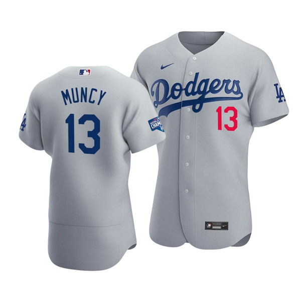 Men's Los Angeles Dodgers #13 Max Muncy 2020 Grey World Series Champions Patch Flex Base Sttiched MLB Jersey